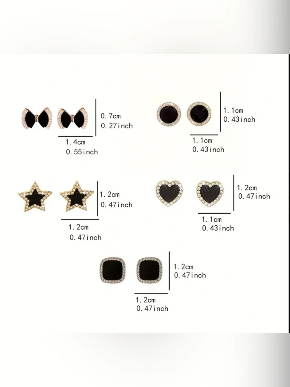 5 Pairs Women's Black Crystal Stud Earring Set with Gold Accent